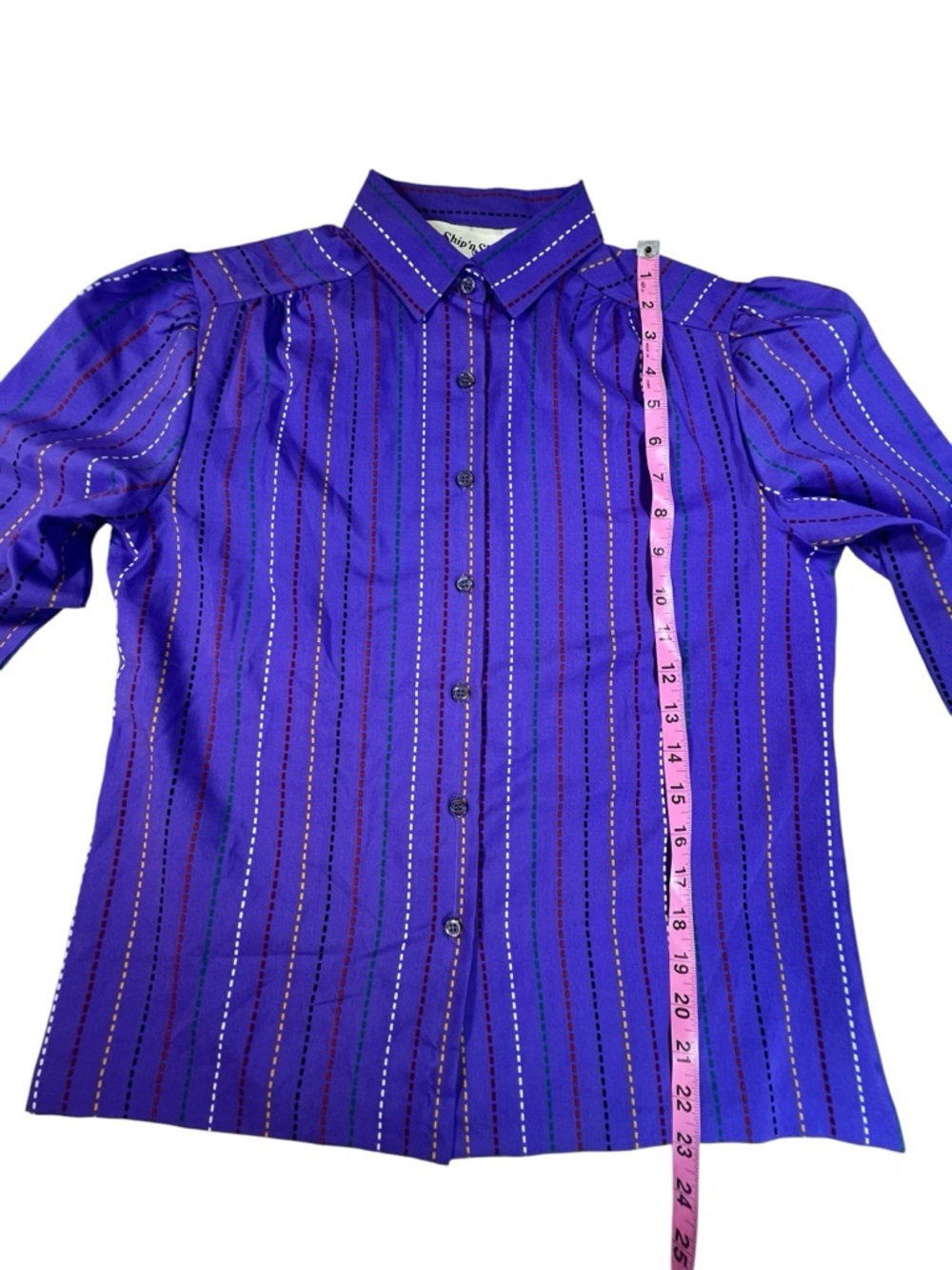 Ship 'n Shore Vintage 80s Royal Purple Stripe Puff Sleeve Blouse Size 10 S/M - Picture 4 of 6